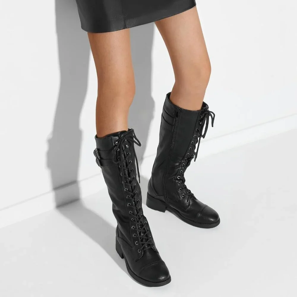Women's Polyurethane Pu Georgia-Black Double buckle Knee High Riding Combat Boot